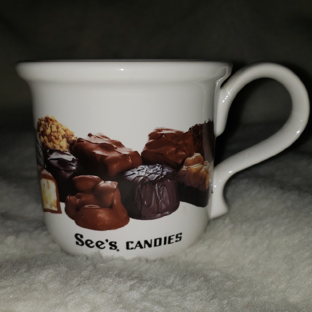 See's Candies White Mug with Chocolates Design